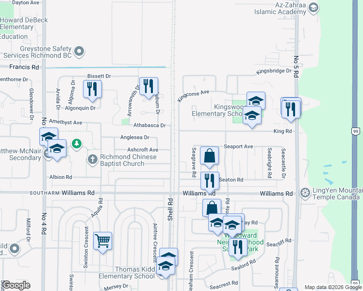 map of restaurants, bars, coffee shops, grocery stores, and more near 9680 Shell Road in Richmond