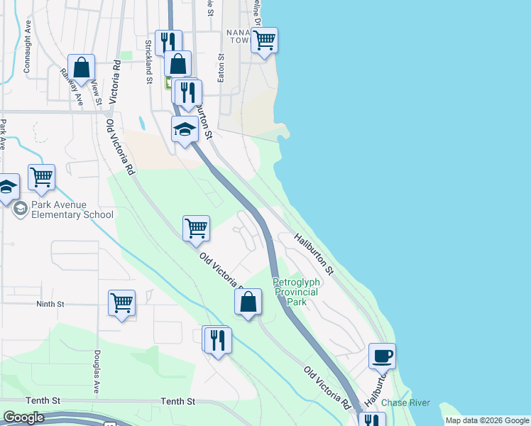 map of restaurants, bars, coffee shops, grocery stores, and more near 951 Haliburton Street in Nanaimo