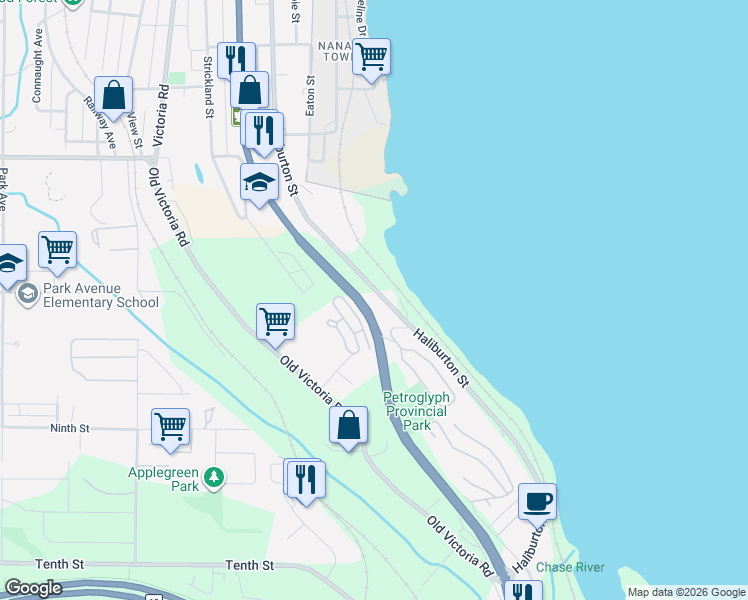 map of restaurants, bars, coffee shops, grocery stores, and more near 951 Haliburton Street in Nanaimo