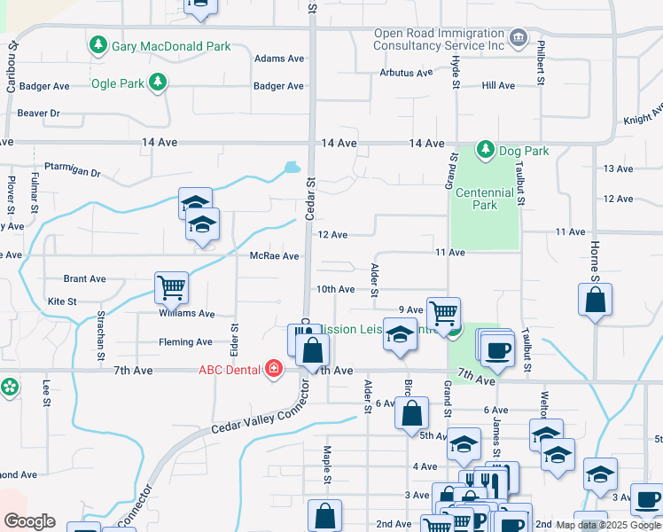 map of restaurants, bars, coffee shops, grocery stores, and more near 32861 Shikaze Court in Mission