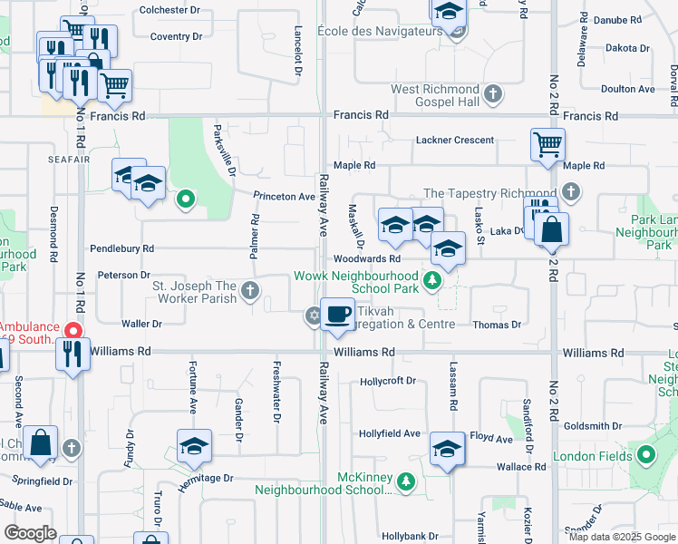 map of restaurants, bars, coffee shops, grocery stores, and more near 5131 Haddon Place in Richmond