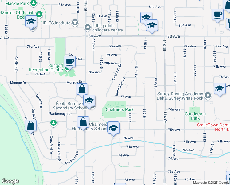 map of restaurants, bars, coffee shops, grocery stores, and more near 7733 Bremridge Drive in Delta