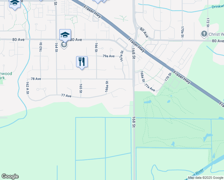 map of restaurants, bars, coffee shops, grocery stores, and more near 16683 77 Avenue in Surrey