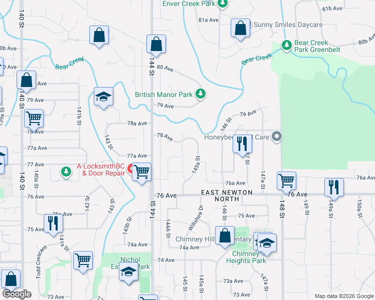 map of restaurants, bars, coffee shops, grocery stores, and more near 7718 145 Street in Surrey