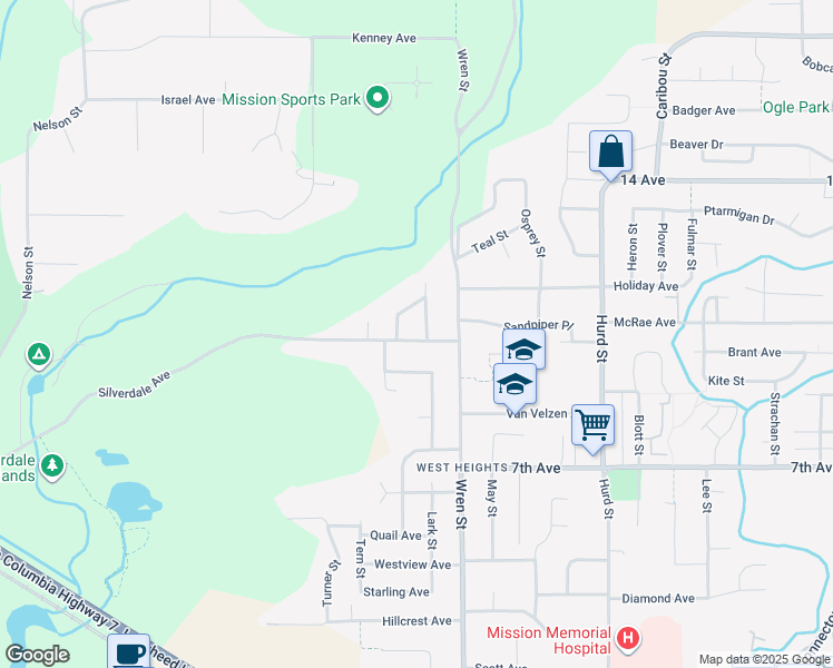 map of restaurants, bars, coffee shops, grocery stores, and more near 31949 Silverdale Avenue in Mission