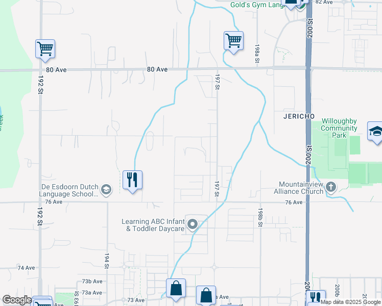 map of restaurants, bars, coffee shops, grocery stores, and more near 7702 197 Street in Langley
