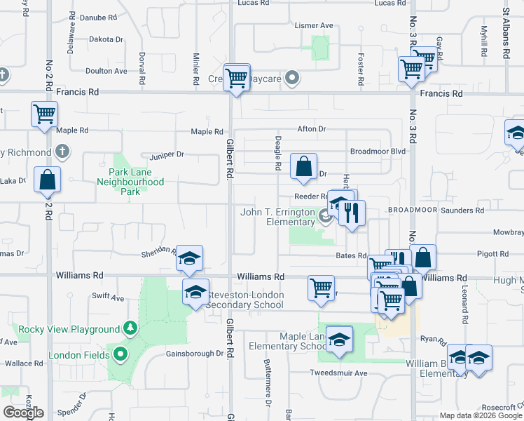 map of restaurants, bars, coffee shops, grocery stores, and more near 9760 Gilhurst Crescent in Richmond