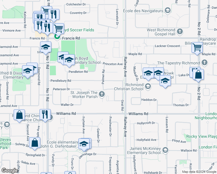 map of restaurants, bars, coffee shops, grocery stores, and more near 4771 Mahood Drive in Richmond