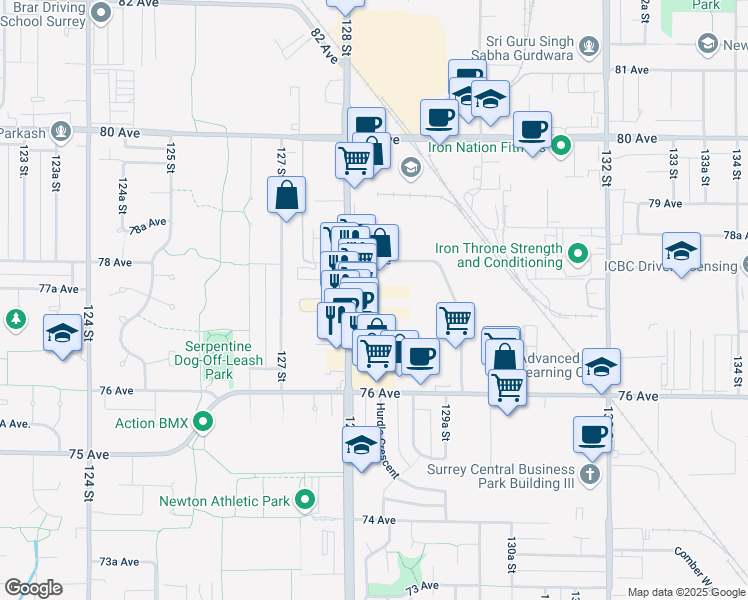 map of restaurants, bars, coffee shops, grocery stores, and more near 7750 128 Street in Surrey