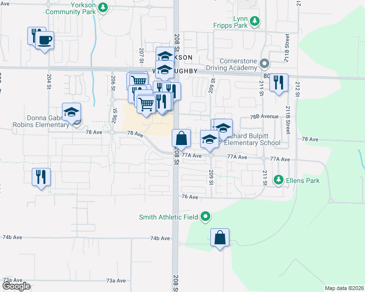 map of restaurants, bars, coffee shops, grocery stores, and more near 20829 77A Avenue in Langley Township