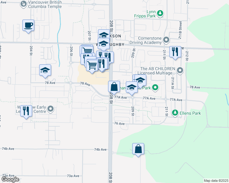 map of restaurants, bars, coffee shops, grocery stores, and more near 20829 77A Avenue in Langley Township