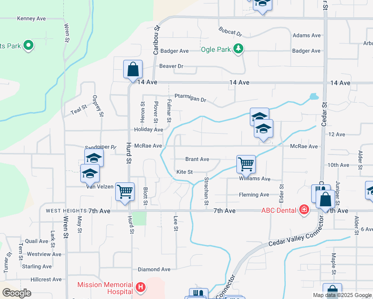 map of restaurants, bars, coffee shops, grocery stores, and more near 32380 McRae Avenue in Mission