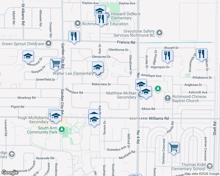 map of restaurants, bars, coffee shops, grocery stores, and more near 9560 Saunders Road in Richmond