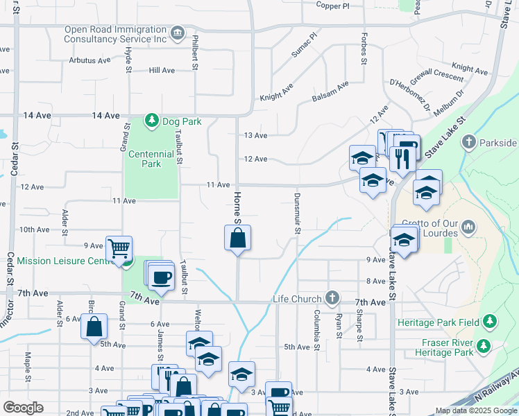 map of restaurants, bars, coffee shops, grocery stores, and more near 33343 Hodson Place in Mission