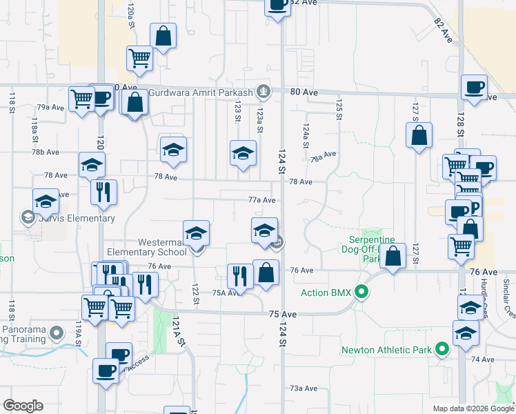 map of restaurants, bars, coffee shops, grocery stores, and more near 7737 123A Street in Surrey
