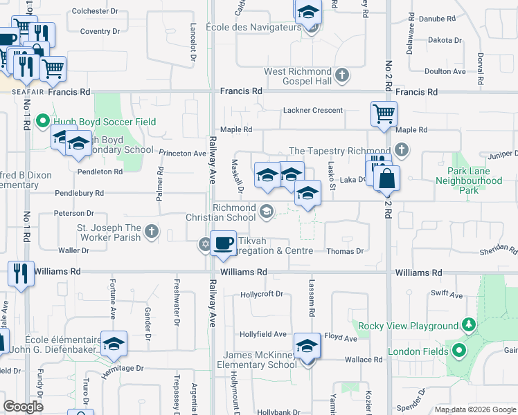 map of restaurants, bars, coffee shops, grocery stores, and more near 5188 Woodwards Road in Richmond