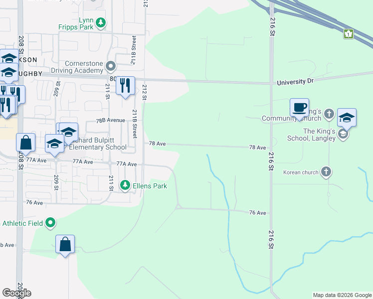 map of restaurants, bars, coffee shops, grocery stores, and more near 21330 78 Avenue in Langley City