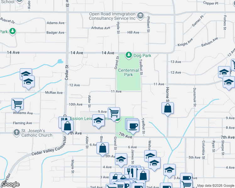 map of restaurants, bars, coffee shops, grocery stores, and more near 7790 Grand Street in Mission