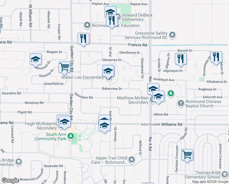 map of restaurants, bars, coffee shops, grocery stores, and more near 9520 Bakerview Drive in Richmond