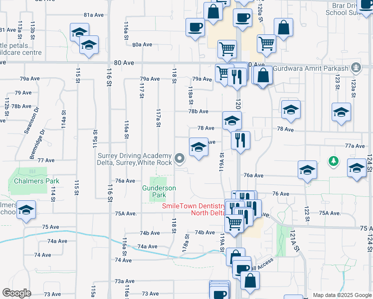 map of restaurants, bars, coffee shops, grocery stores, and more near 11856 77A Avenue in Delta