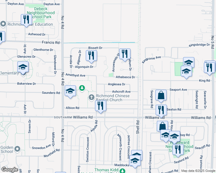 map of restaurants, bars, coffee shops, grocery stores, and more near 10600 Anglesea Drive in Richmond