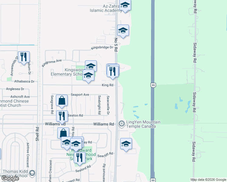 map of restaurants, bars, coffee shops, grocery stores, and more near 9431 Number 5 Road in Richmond