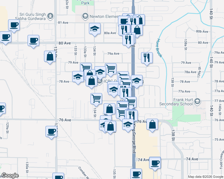 map of restaurants, bars, coffee shops, grocery stores, and more near 13478 78 Avenue in Surrey