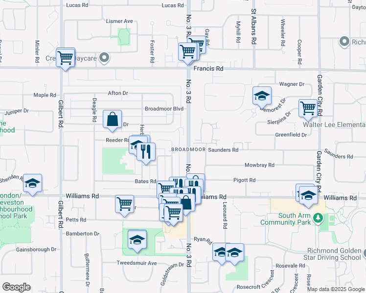 map of restaurants, bars, coffee shops, grocery stores, and more near 9591 Number 3 Road in Richmond