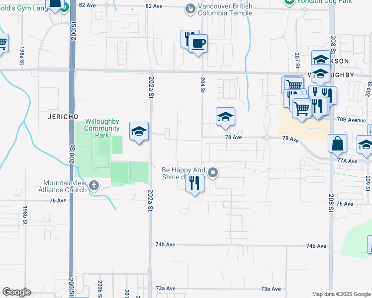 map of restaurants, bars, coffee shops, grocery stores, and more near 7762 203 Street in Langley Township