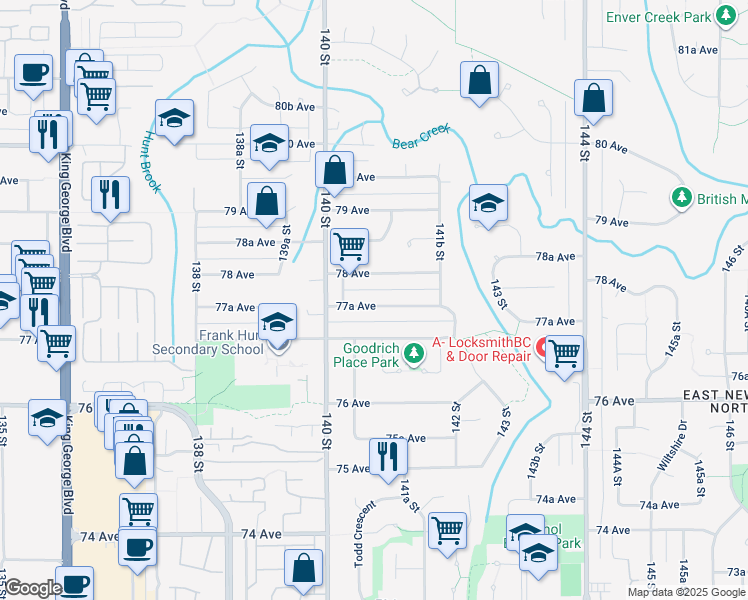 map of restaurants, bars, coffee shops, grocery stores, and more near 14079 77A Avenue in Surrey