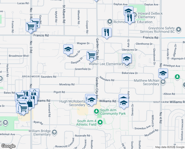 map of restaurants, bars, coffee shops, grocery stores, and more near 8811 Greenfield Drive in Richmond