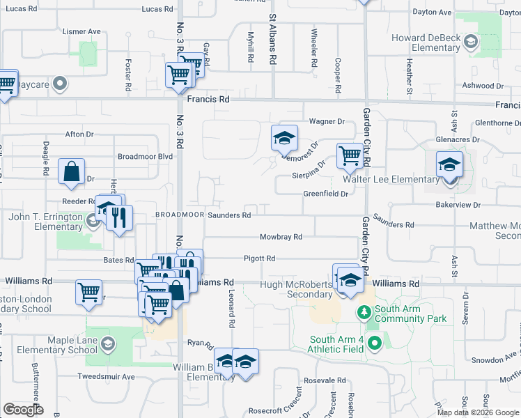 map of restaurants, bars, coffee shops, grocery stores, and more near 8411 Saunders Road in Richmond