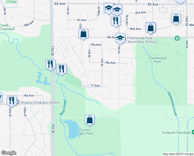 map of restaurants, bars, coffee shops, grocery stores, and more near 7750 154 A Street in Surrey