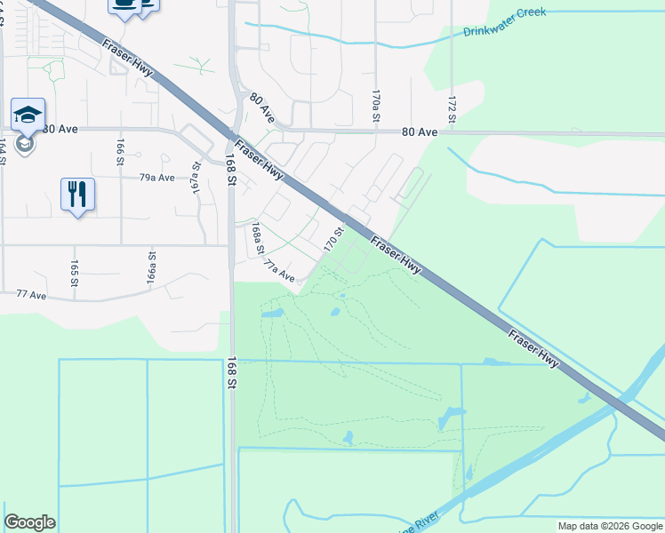 map of restaurants, bars, coffee shops, grocery stores, and more near 7780 170 Street in Surrey