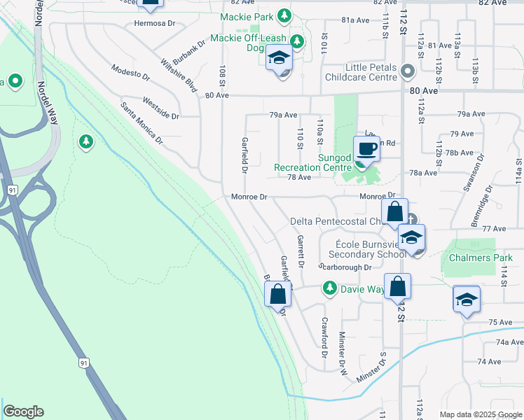 map of restaurants, bars, coffee shops, grocery stores, and more near 7722 Garfield Drive in Delta