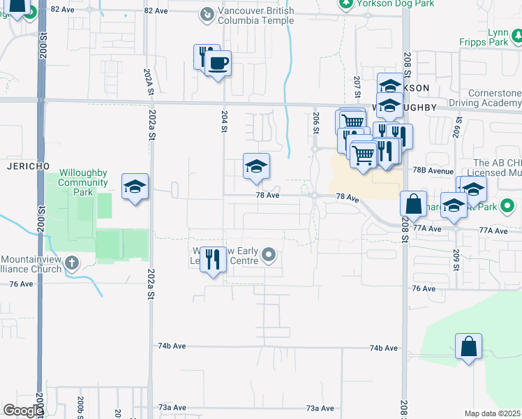 map of restaurants, bars, coffee shops, grocery stores, and more near 20471 77B Avenue in Langley Township
