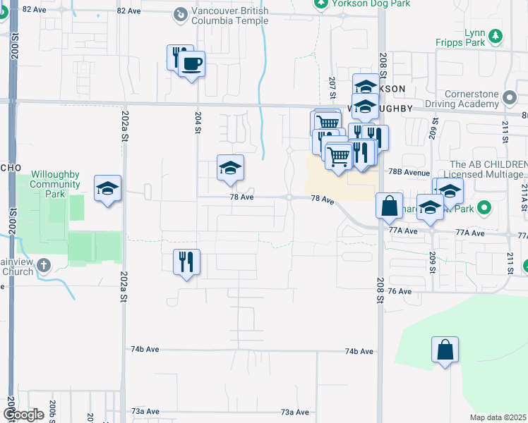 map of restaurants, bars, coffee shops, grocery stores, and more near 20529 77B Avenue in Langley Township