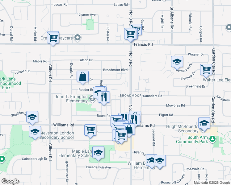map of restaurants, bars, coffee shops, grocery stores, and more near 9520 Bates Road in Richmond