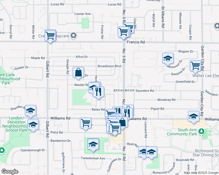 map of restaurants, bars, coffee shops, grocery stores, and more near 9591 Bates Road in Richmond