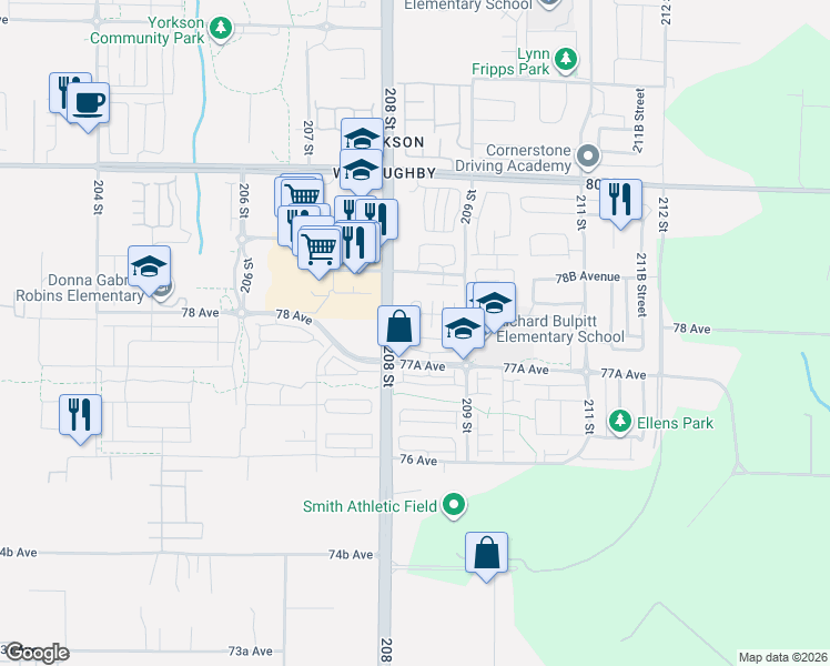 map of restaurants, bars, coffee shops, grocery stores, and more near in Langley Township