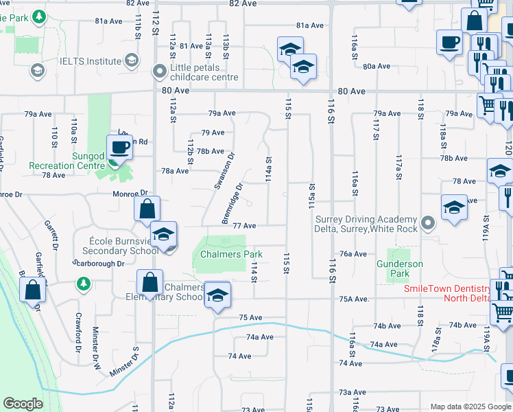 map of restaurants, bars, coffee shops, grocery stores, and more near 11424 Daly Place in Delta
