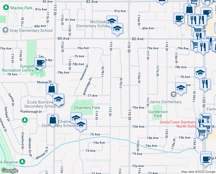 map of restaurants, bars, coffee shops, grocery stores, and more near 7743 115 Street in Delta