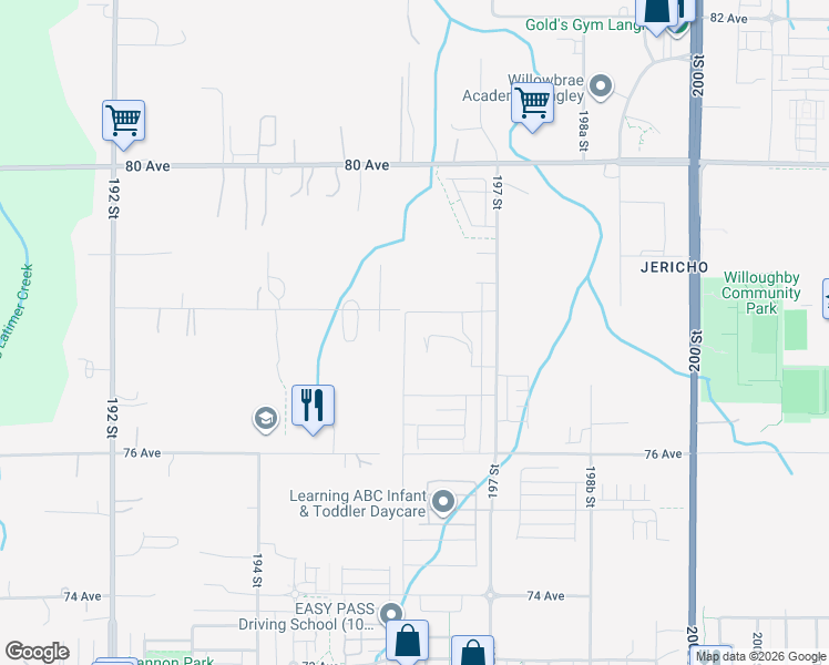map of restaurants, bars, coffee shops, grocery stores, and more near 7760 196 Street in Surrey