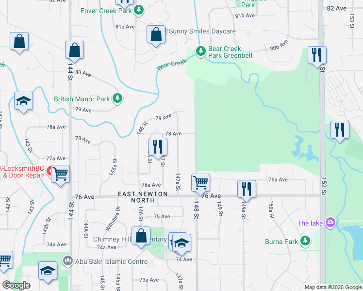 map of restaurants, bars, coffee shops, grocery stores, and more near 7762 147A Street in Surrey