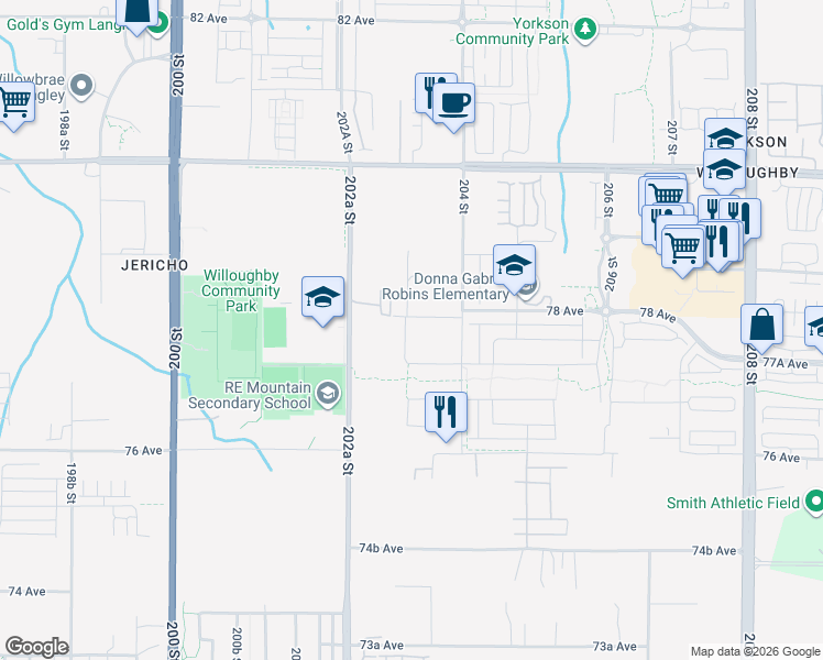 map of restaurants, bars, coffee shops, grocery stores, and more near 7762 203 Street in Langley Township