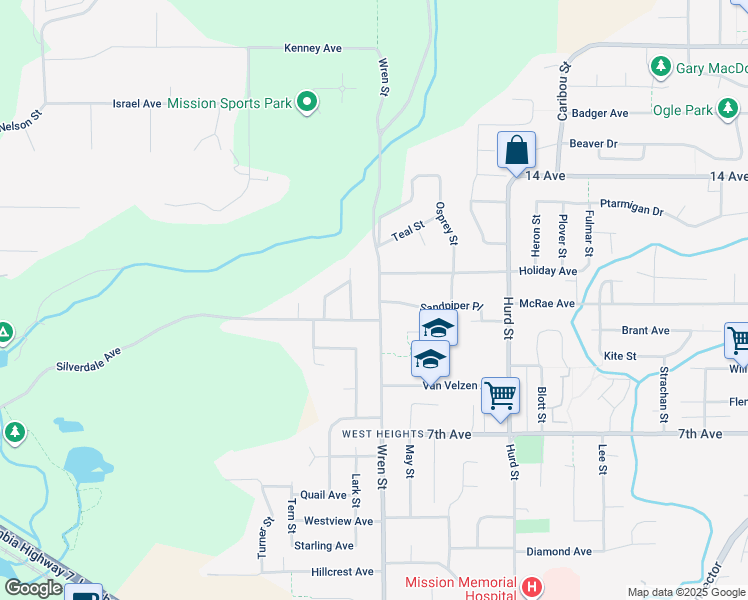 map of restaurants, bars, coffee shops, grocery stores, and more near 7803 Wren Street in Mission