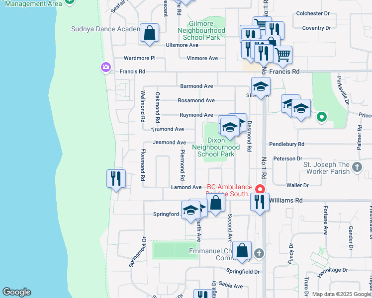 map of restaurants, bars, coffee shops, grocery stores, and more near 9380 Piermond Road in Richmond