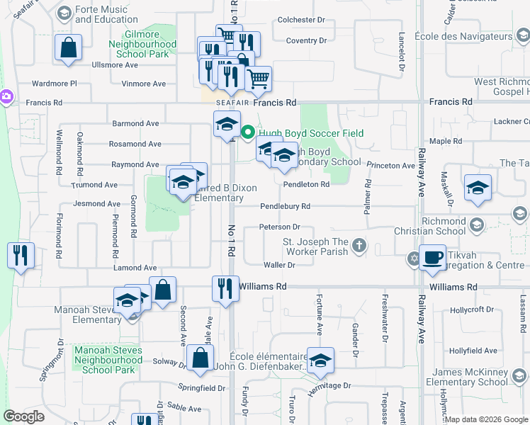 map of restaurants, bars, coffee shops, grocery stores, and more near 4311 Pendlebury Road in Richmond