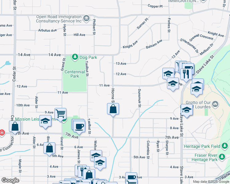 map of restaurants, bars, coffee shops, grocery stores, and more near 7808 Horne Street in Mission
