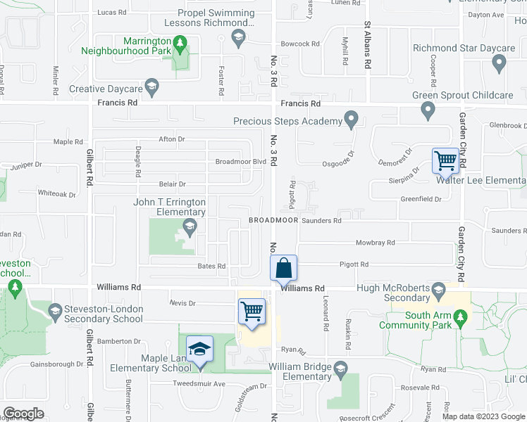 map of restaurants, bars, coffee shops, grocery stores, and more near 9591 Number 3 Road in Richmond